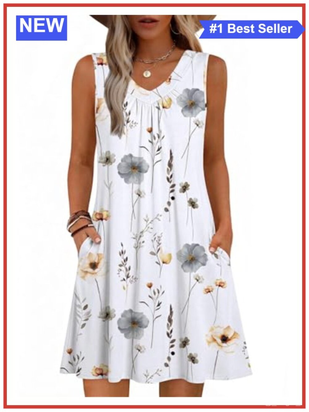 Sleeveless V-Neck Pleated Swing Dress with Pockets